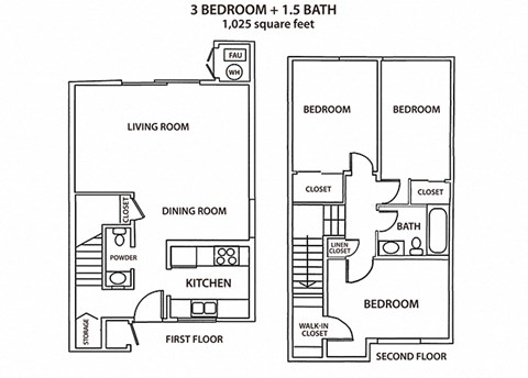 Floor plan for 3 beds, 1.5 baths, 1025 sqft